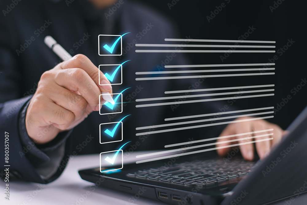 Poster document audit inspection, business asset analysis concept. man inspects data, file check checklist 