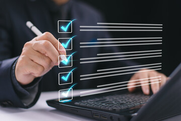 Document audit inspection, business asset analysis concept. Man inspects data, file check checklist online survey. Efficient document form project management. Review online approval, digital research