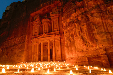 The Treasury, Petra, Jordan lit with over 1,500 candles. It brings the major attraction...