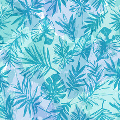 Abstract grunge tropical leaves seamless pattern