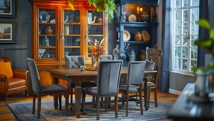 Country cottage dining room decor with dark wood furniture in English countryside style. Concept Country Cottage, Dining Room Decor, Dark Wood Furniture, English Countryside, Style