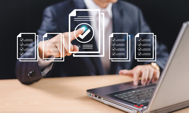 Document audit inspection, business asset analysis concept. Man inspects data, file check checklist online survey. Efficient document form project management. Review online approval, digital research