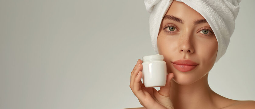 Young woman with towel on head holding moisturizer cream, skincare concept.