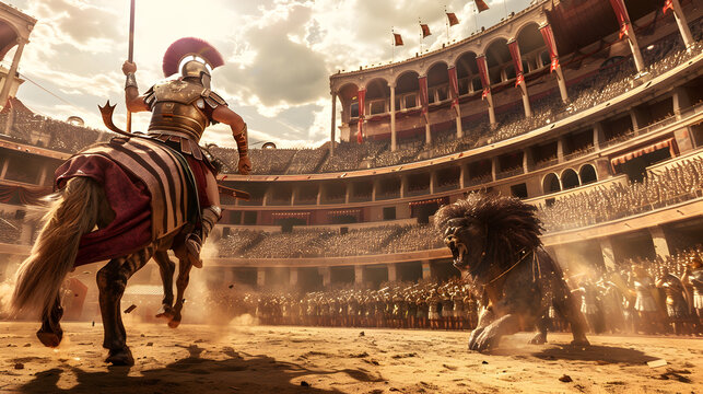 A gladiator in the Colosseum, facing off against a fearsome beast, with the crowd roaring in the background. Epic shot.


