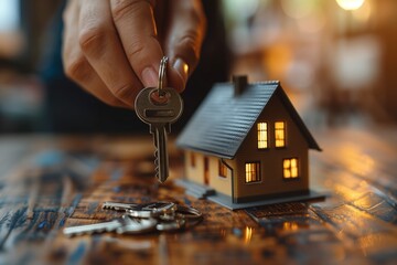 Photo of a real estate agent handing keys to new owners of the house with a miniature house as a resresentation of home.