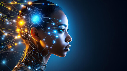 Side view of a humanoid head with blue and yellow eyes and vibrant neon neural network, representing futuristic technology and artificial intelligence