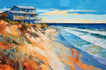 Watercolor illustration of colorful summer houses on the sandy ocean shore. Modern coastal summer art by the sea in vibrant blues and oranges