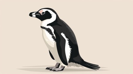 Obraz premium Illustration of an adult penguin in profile view, with detailed feathers and beak, standing against a plain beige backdrop