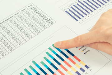 Finger showing financial chart with production or sales statistics. Business