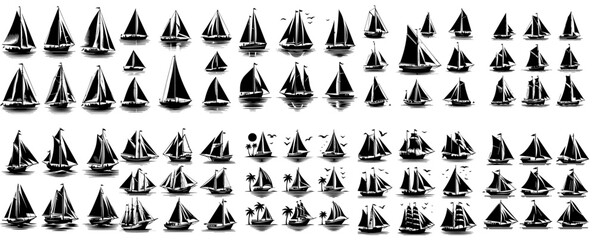 Vector set of sailboat silhouettes in a simple and minimalist style. black and white