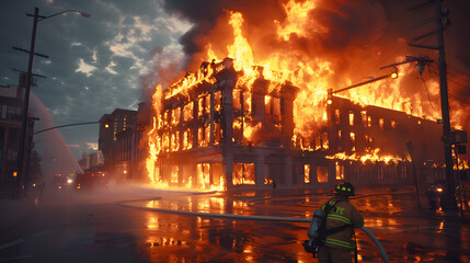 A modern-day firefighter battling a raging inferno, with flames engulfing a building behind them. Epic shot.


