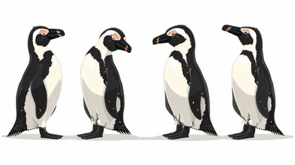 Illustration of four cartoon-style penguins with expressive eyes and contrasting black and white...