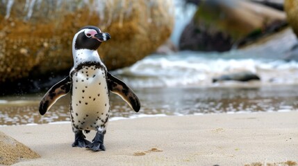 Obraz premium This close-up shot captures a penguin standing proud against a backdrop of beach rocks, symbolizing resilience and adaptability