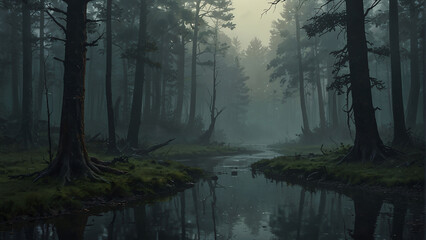 Foggy enchanted forest background at night, dense forest with fog detailed style, apocalyptic,...