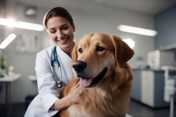 'clinic checkup stroking dog smiling health veterinary vet pet doctor adult animal breed canino care caucasian check checking check-up consultation cute diagnostic domestic exam examining female'