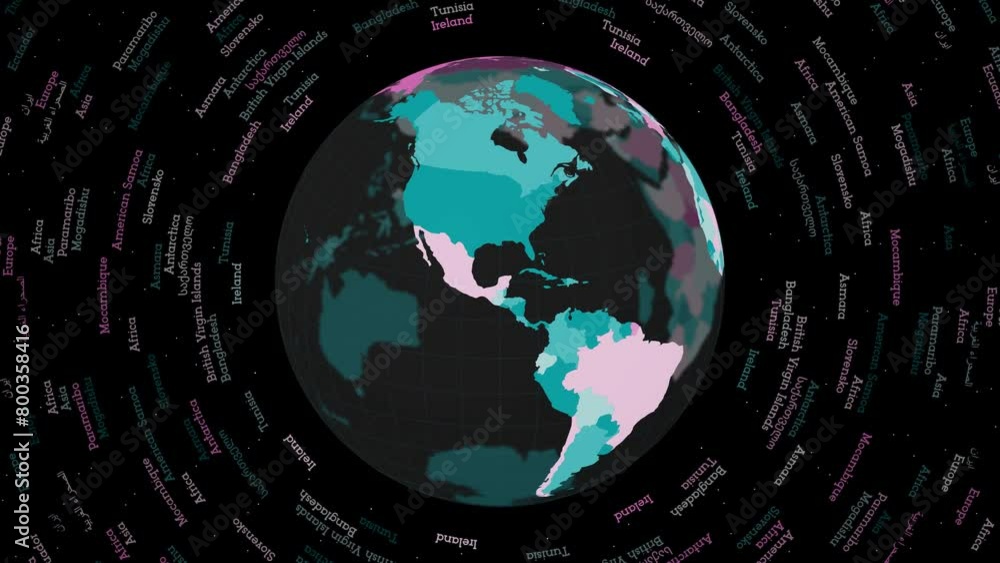 Poster rotating globe. dark translucent globe with round geographical names text. appealing spinning planet