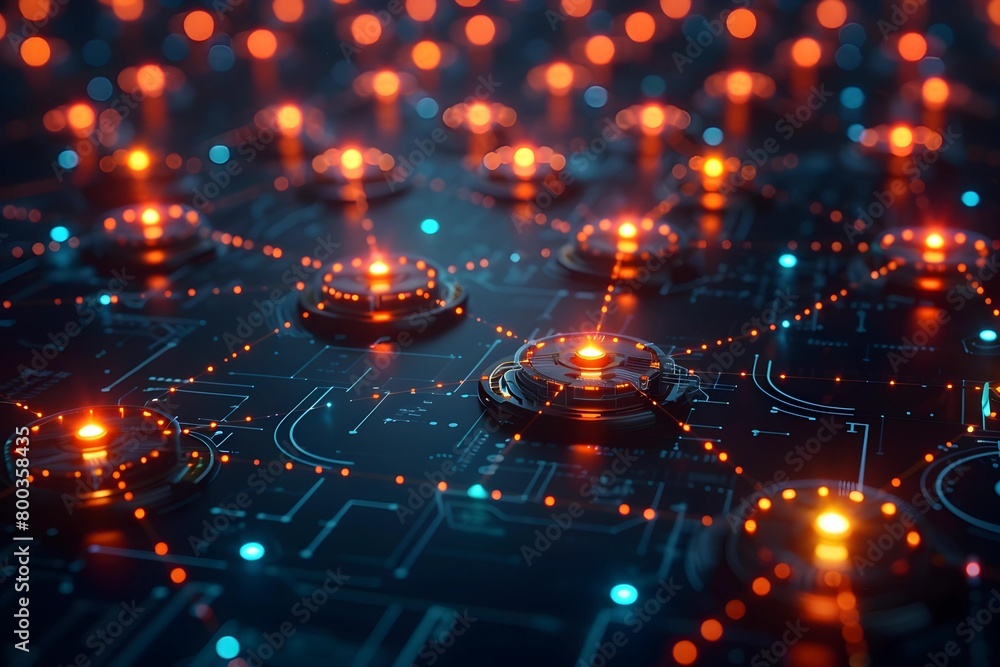 Poster Futuristic close-up view of an illuminated, high-tech circuit board with glowing red and blue nodes and connections.