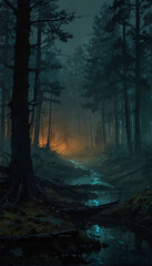 Foggy enchanted forest background at night, dense forest with fog detailed style, apocalyptic, illustration, soft tones, horror style, detailed apocalyptic good for musical video or video Ai Generated