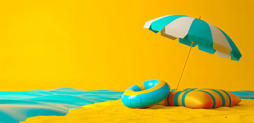 Minimal design of summer scene background wallpaper with people sitting on deckchair with beach umbrella in sunlight mood.vacation and relax concepts design