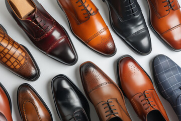 Overhead view of a collection of polished men's formal footwear