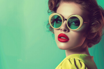 Obraz premium Stylish cool young pinup woman, beautiful pop art pin up lady fashion model wearing bright color clothes and retro vintage sunglasses in 50s 60s style posing for portrait on background.
