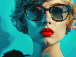 Stylish cool young pinup woman, beautiful pop art pin up lady fashion model wearing bright color clothes and retro vintage sunglasses in 50s 60s style posing for portrait on background. © Synthetica