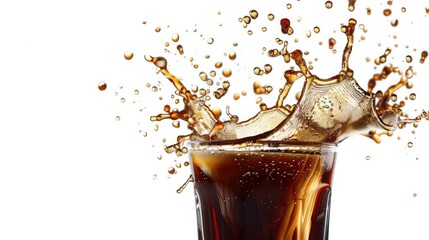 cola splash isolated on white,Splash in glass of scotch whiskey with ice cubes isolated on white background, Ice splashing on a glass of a Cola drink against a white background

