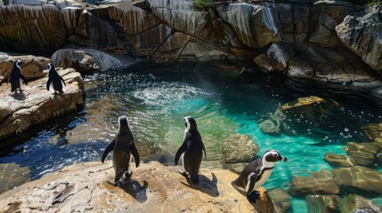 A sunny scene with penguins-eye-view on a rocky shore, overlooking clear blue waters