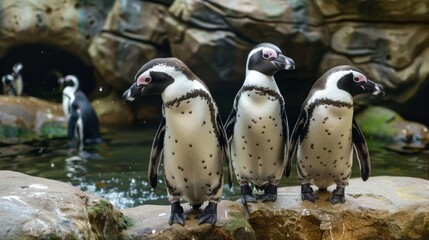 Fototapeta premium This group of three penguins appears regal and vigilant as they pose by the water, with one turning its head away