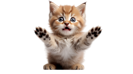A tiny kitten joyfully raises its paws into the air on transparent background