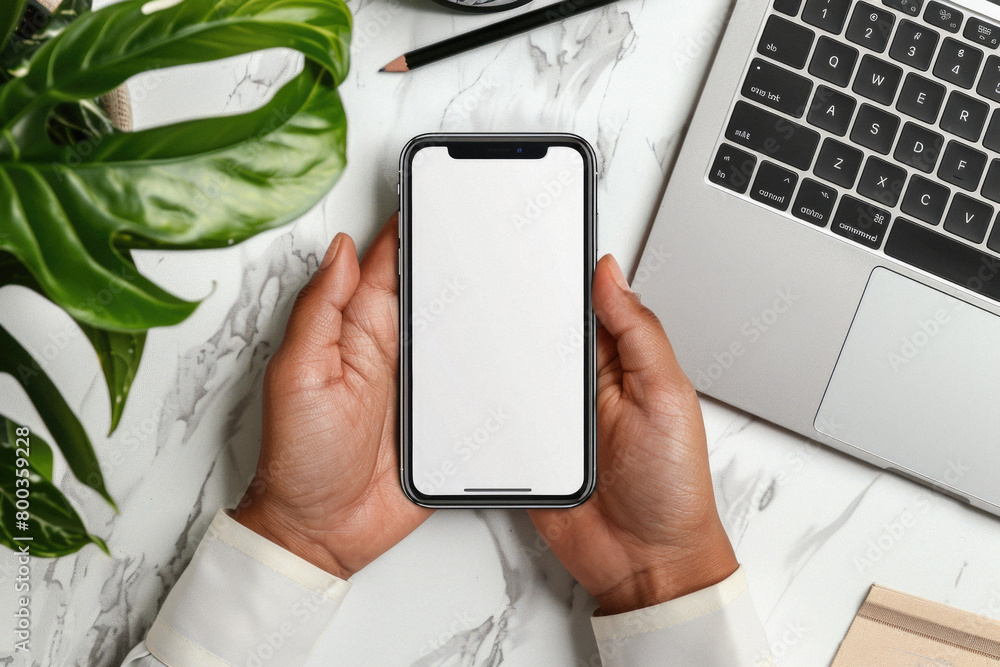 Canvas Prints Business person man or woman holding smartphone showing mock up blank white empty mobile phone screen, hands using cellphone close up view. Mockup display for applications ads.