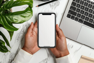 Business person man or woman holding smartphone showing mock up blank white empty mobile phone screen, hands using cellphone close up view. Mockup display for applications ads.