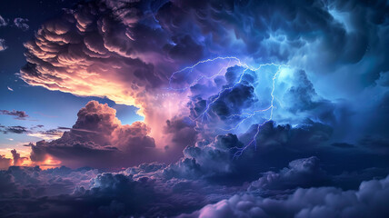 Fototapeta premium Beautiful epic night sky with huge thunderclouds and lightning bolts