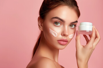 oung Caucasian female applies facial cream, highlighting a daily skincare regimen for health and beauty on pink background