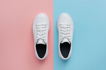 Minimalist mockup with a pair of white sneakers on a pink and blue split background