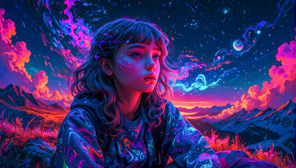 Illustration of a young girl sitting on a mountain watching the beautiful psychedelic multicolored sky in anime style