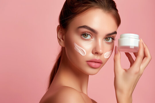 oung Caucasian female applies facial cream, highlighting a daily skincare regimen for health and beauty on pink background