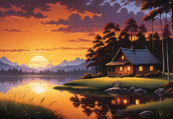 Lake Sunset, a cozy cabin nestled among towering pine trees on the edge of a tranquil lake.