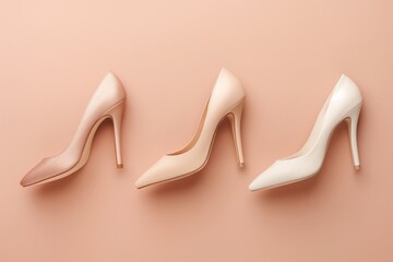 Three pairs of stylish high heel shoes arranged in a minimalistic fashion against a soft peach backdrop