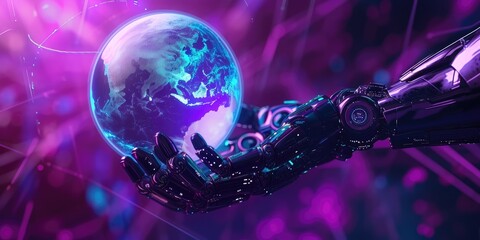 Global Connectivity: Robotic Hand Holding Earth on Digital Stage