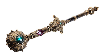 A large metal sword adorned with a striking green stone, exuding power and mystery on transparent background
