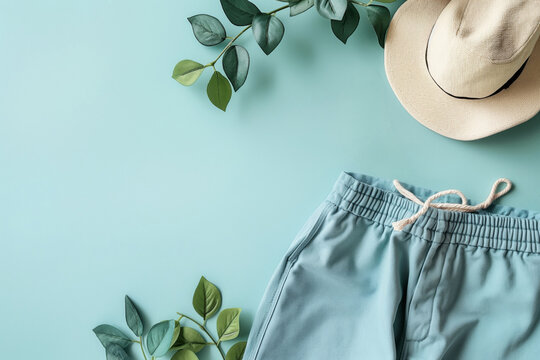 Minimalist mockup of swim shorts and summer hat on a pastel blue background with green foliage