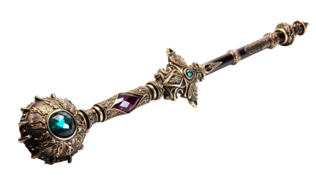 A large metal sword adorned with a striking green stone, exuding power and mystery on transparent background