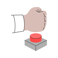 A man's fist hitting forcefully on a big red button. Vector illustration
