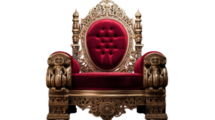 A regal red and gold throne sits atop a white floor on transparent background