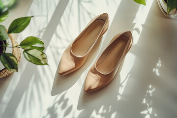 Pair of stylish, minimalist heels bathed in natural sunlight, accompanied by indoor plants