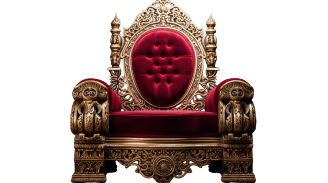 A regal red and gold throne sits atop a white floor on transparent background