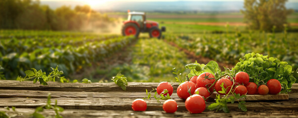 Close-up auf frisch geerntete Tomaten und Salat auf einem Tisch mit Feld und Traktor im Hintergrund. Tisch mit Freiraum für Produktpräsentation und Textfreiraum. Panorama Banner Format