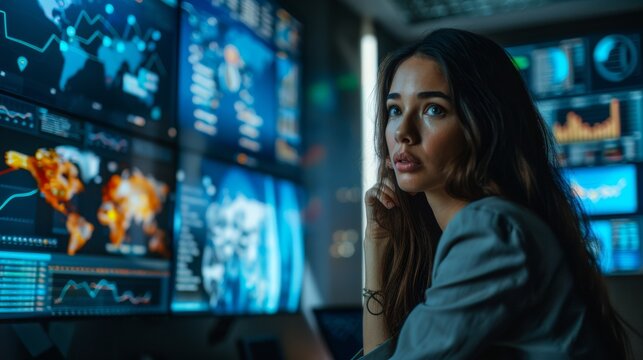 Focused shot of a businesswoman leading a video call with international partners, screens in the background displaying data charts.