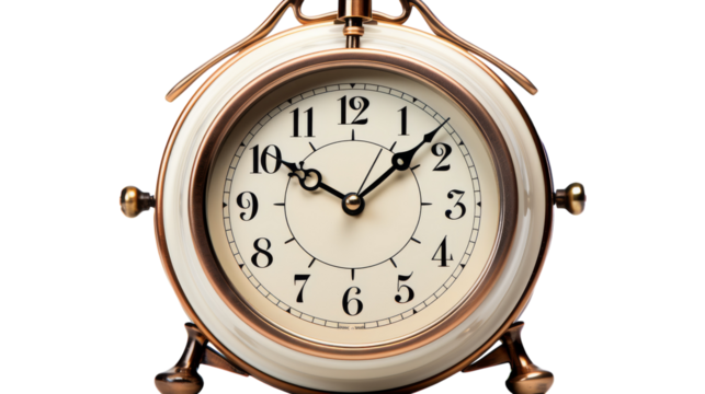 A white and gold alarm clock against a pristine white background on transparent background